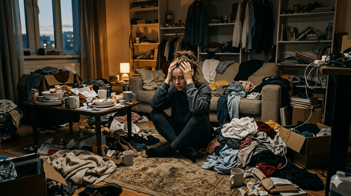 A young woman sitting on the floor of a cluttered, messy apartment, looking stressed and overwhelmed, surrounded by piles of clothes, dirty dishes, and clutter. She has her hands on her head, looking worried and exhausted. Warm, moody lighting. Realistic style, cinematic.