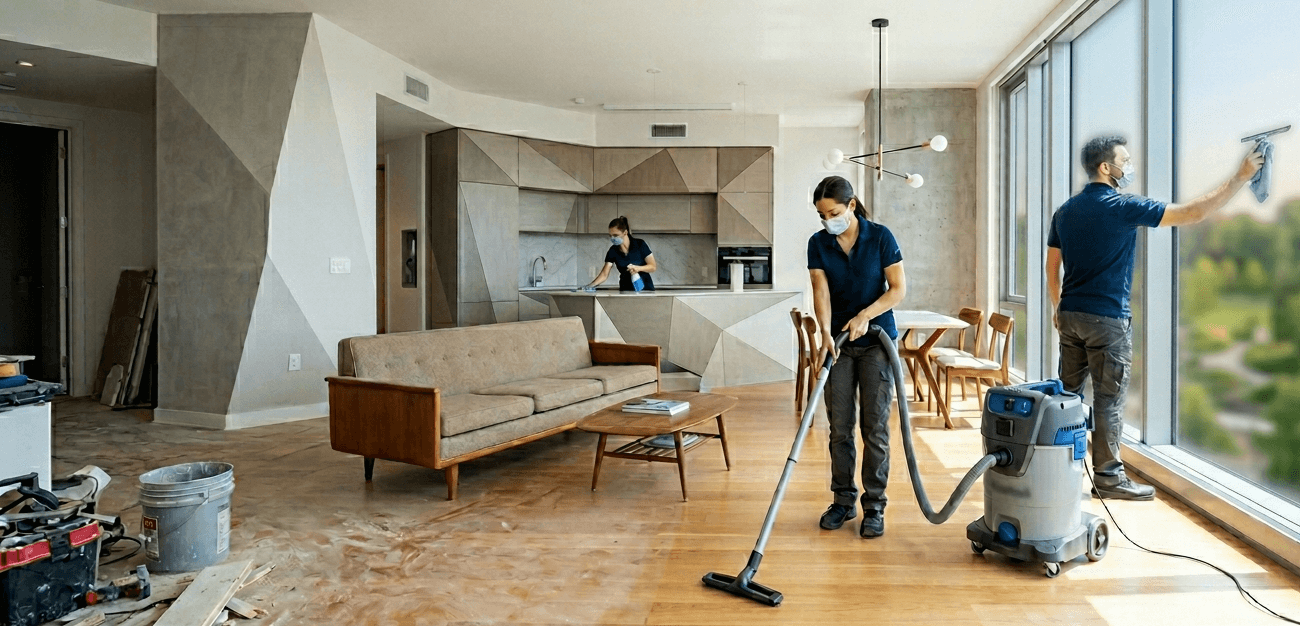 Professional post-renovation cleaning service photo. A modern, spacious interior after repair work being thoroughly cleaned. A team of professional cleaners in uniform using professional equipment 
