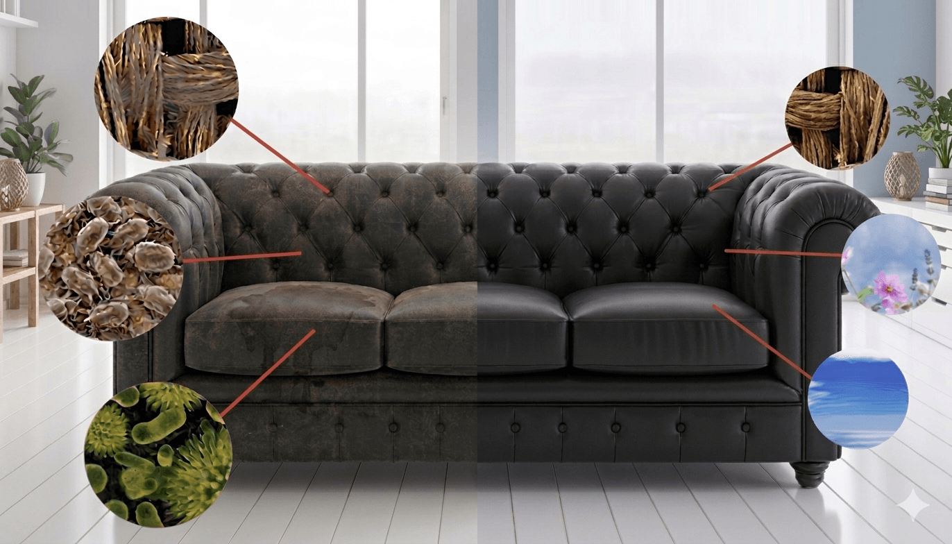 A split photo showing a dirty fabric sofa on the left and the same sofa, perfectly clean and bright after professional steam cleaning, on the right." Вариант 3: Акцент на результате (продающий)