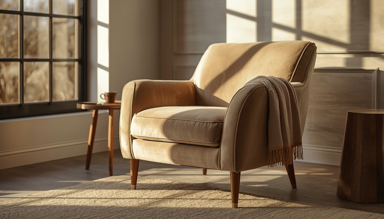 A luxurious, pristine soft armchair in a modern minimalist interior. The chair features premium upholstery in warm neutral beige or taupe velvet fabric, impeccably clean and well-maintained. Soft morning natural light streams through large windows, creating warm shadows and highlights that enhance the texture. The chair sits on elegant wooden or metallic legs. Surrounding elements: A small side table with a warm beverage cup, a soft throw blanket draped over the armrest, minimalist decor in the background. The image conveys comfort, cleanliness, elegance, and coziness. Professional photography style, shallow depth of field, warm color grading, high resolution, 8K, studio lighting quality.